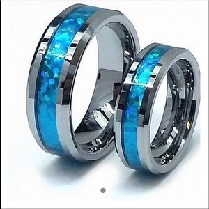 Beautiful Tungsten and Hawaiian Blue Opal Ring Set